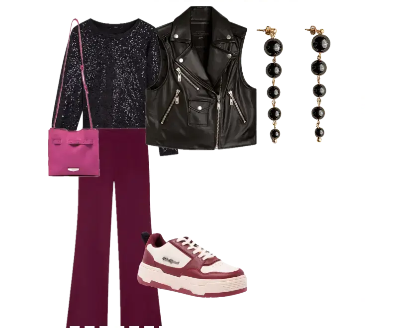 colete de couro preto, suéter de paetês preto, calça de veludo vinho, tênis chunky bordeaux e branco, mini bolsa rosa choque, brincos de bolas pretas pendentes