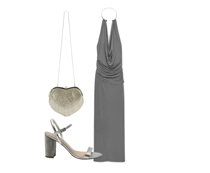 Vestido longo cinza halter drapeado, sandálias prateadas salto bloco, clutch prateada formato de coração