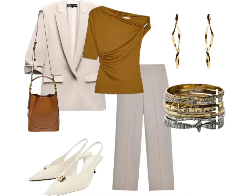 blusa de um ombro só mostarda, blazer areia, calça de alfaiataria bege claro, sandálias slingback off-white com aplicação dourada, bolsa tiracolo marrom minimalista, brincos dourados, pulseiras metálicas