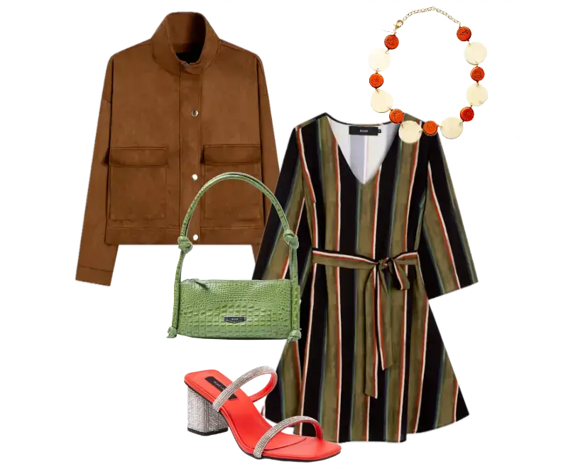 vestido de listras multicoloridas, jaqueta marrom de camurça, sandálias de salto bloco vermelhas com tiras brilhantes, bolsa verde texturizada, colar de contas laranja e creme