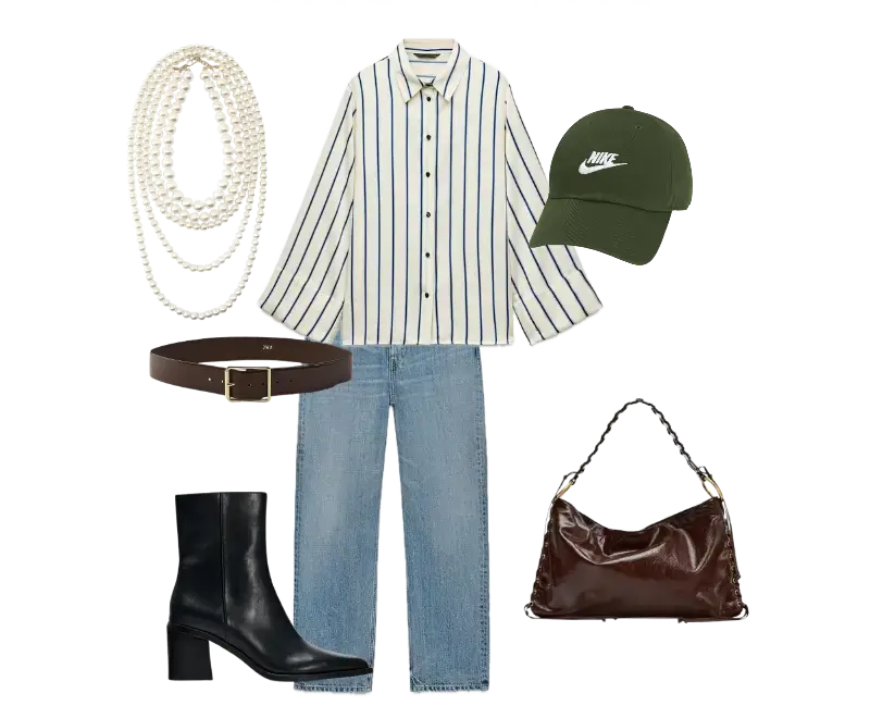 Camisa de algodão creme listrada, Jeans azul claro cintura alta, Botas pretas salto bloco, Cinto marrom escuro fivela dourada, Colar de pérolas em camadas, Bolsa marrom couro alças de corrente, Boné verde Nike