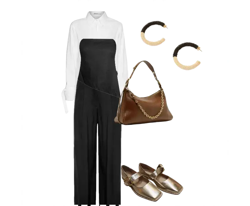 camisa branca de alfaiataria, colete preto assimétrico, macacão preto, sapatos metálicos dourados, bolsa tiracolo marrom com corrente dourada, brincos de argola bicolor