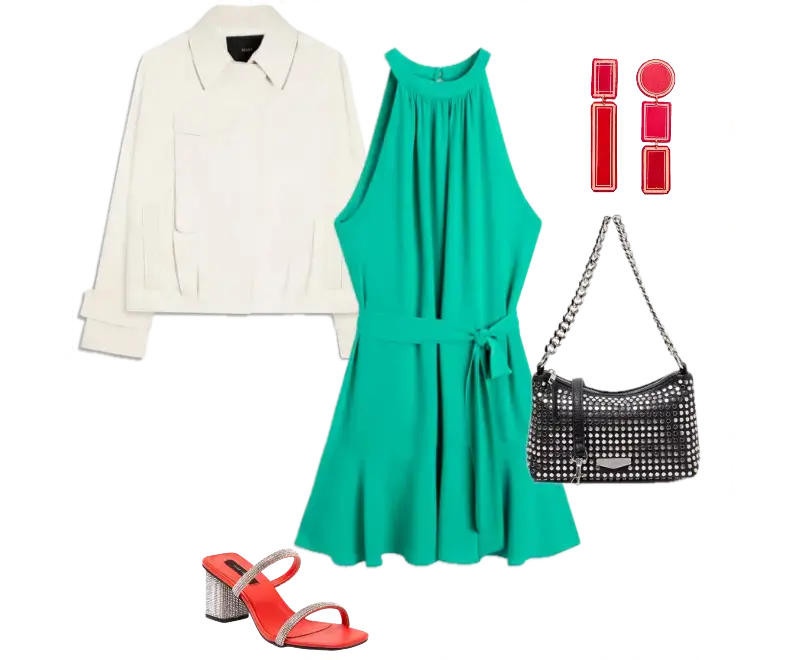 vestido verde esmeralda drapeado, jaqueta cropped bege, sandálias vermelhas de salto médio, bolsa preta com tachas prateadas, brincos geométricos vermelhos