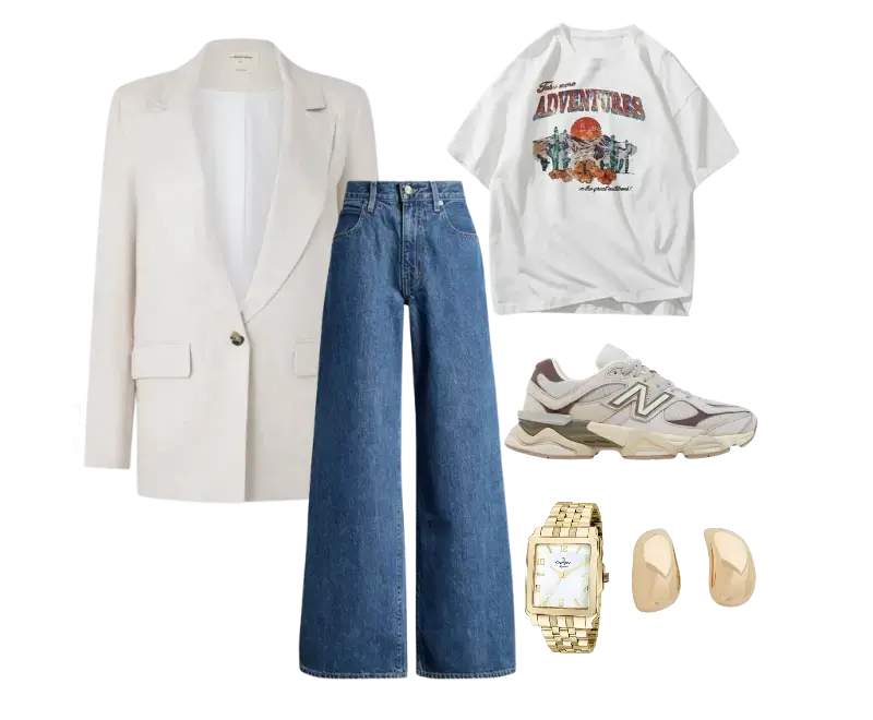 camiseta branca estampada, blazer bege, jeans de perna larga azul médio, tênis esportivos neutros, relógio dourado, brincos dourados