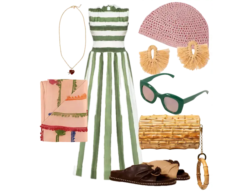vestido midi listrado verde e branco, sandálias marrons de couro trançado, bolsa clutch de bambu, brincos de palha alargados, boina de crochê rosa, óculos escuros de acetato verde, colar dourado com pingente de coração