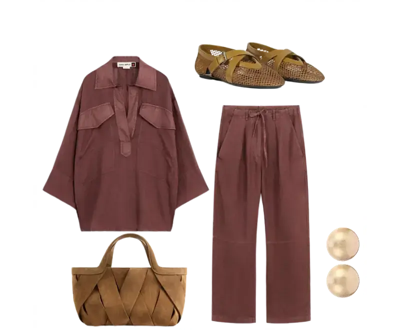 camisa oversized em linho marrom, calças largas marrom, sapatos de tiras entrelaçadas em couro marrom claro, bolsa estruturada trançada em camurça bege, brincos esféricos dourados