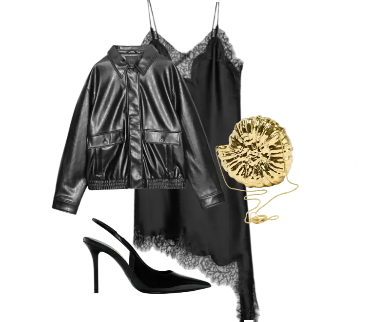 vestido slip preto em seda com rendas delicadas, jaqueta bomber de couro preto, scarpins de salto fino envernizados em preto, clutch dourada em formato orgânico