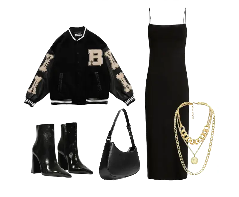 vestido midi preto, jaqueta varsity preta com bordados bege, botas cano médio envernizadas pretas, bolsa estruturada preta estilo hobo, colares de elos dourados