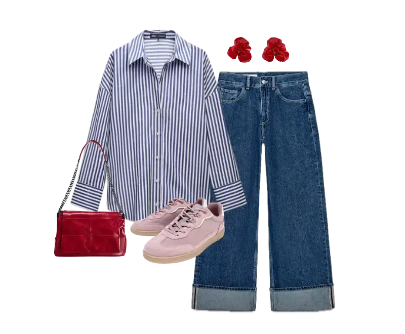 camisa oversized listrada azul e branca, jeans de lavagem escura corte reto, tênis rosa claro, bolsa estruturada em couro vermelho, brincos florais vermelhos