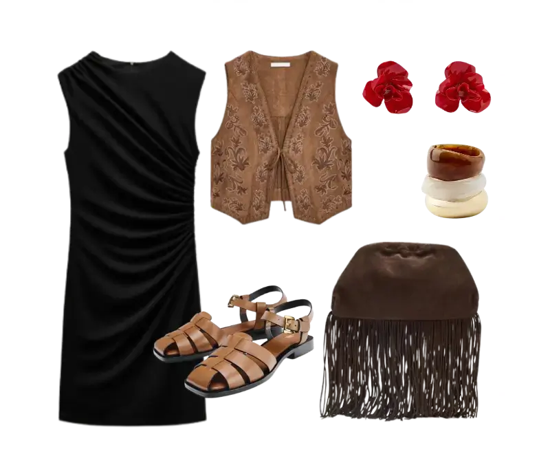vestido preto justo, colete marrom de camurça bordado, sandálias de couro marrom com tiras entrelaçadas, bolsa de camurça marrom com franjas, brincos de flor vermelha, pulseiras de resina