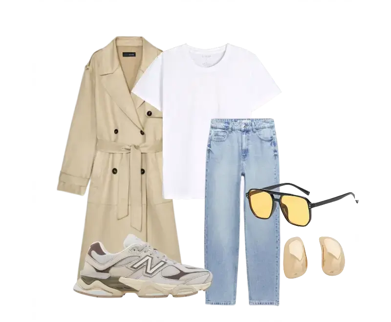 camiseta branca, jeans azul claro, sobretudo bege, tênis robustos, óculos escuros de lente amarela, brincos dourados