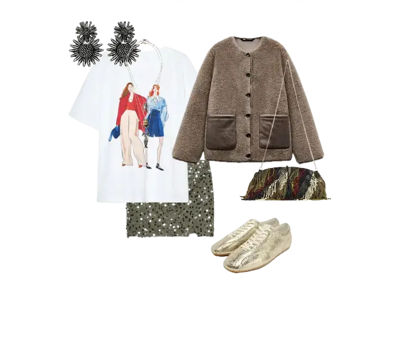 camiseta branca de malha estampada, casaco felpudo marrom, saia de paetês prateados, tênis dourados metalizados, bolsa de franjas multicoloridas, brincos maximalistas prateados