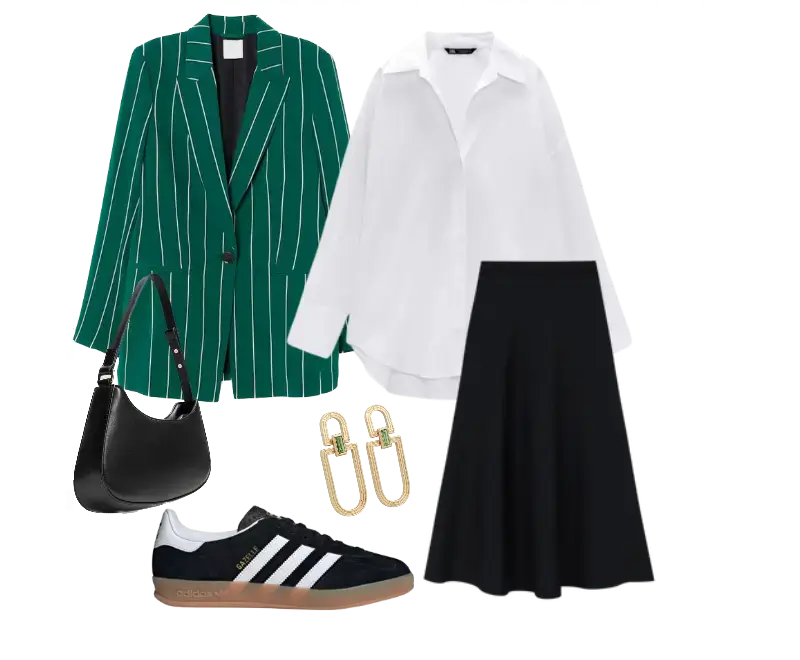 blazer verde listrado, camisa branca, saia midi preta, tênis Adidas Samba preto, bolsa preta de couro meia-lua, brincos dourados