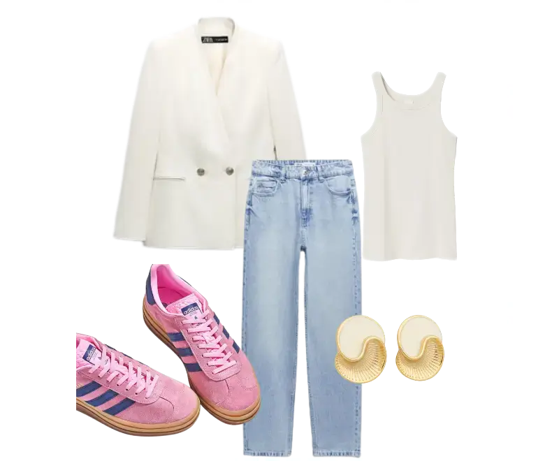 blazer branco, regata off-white, jeans de cintura alta lavagem clara, tênis rosa, brincos dourados