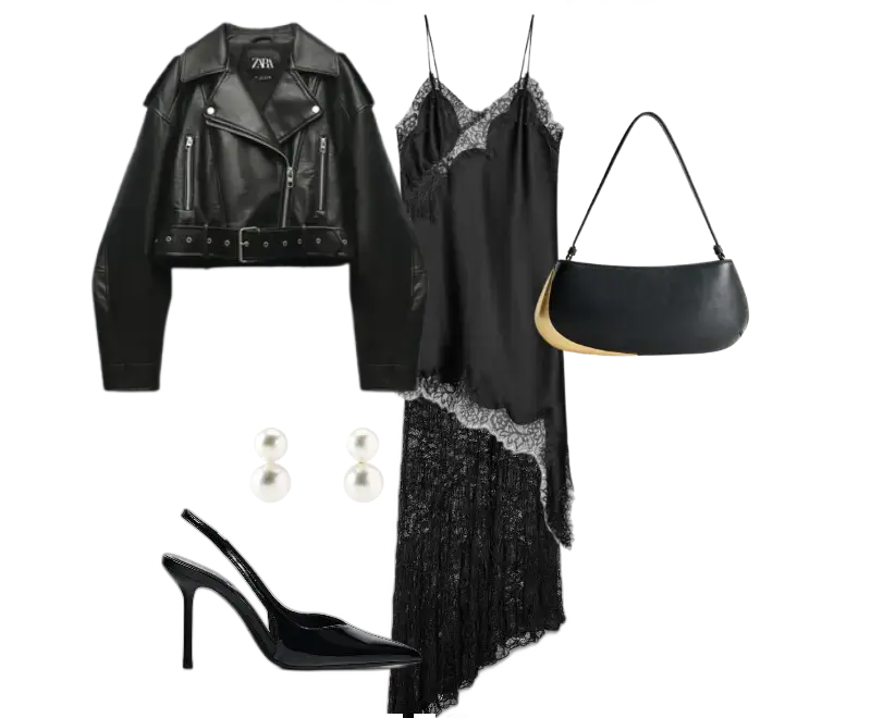 vestido slip dress preto com renda, jaqueta biker de couro preto, sapato salto stiletto verniz preto, bolsa estruturada preta com detalhes dourados, brincos de pérolas