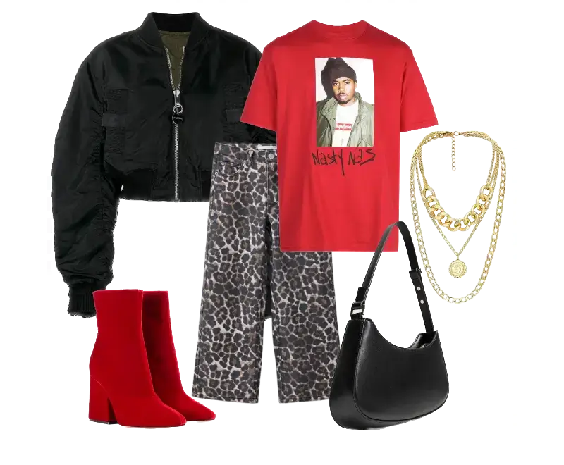 jaqueta bomber preta, camiseta gráfica vermelha, calças cropped oncinha, botas de veludo vermelho, colar longo dourado, bolsa preta de couro estruturado
