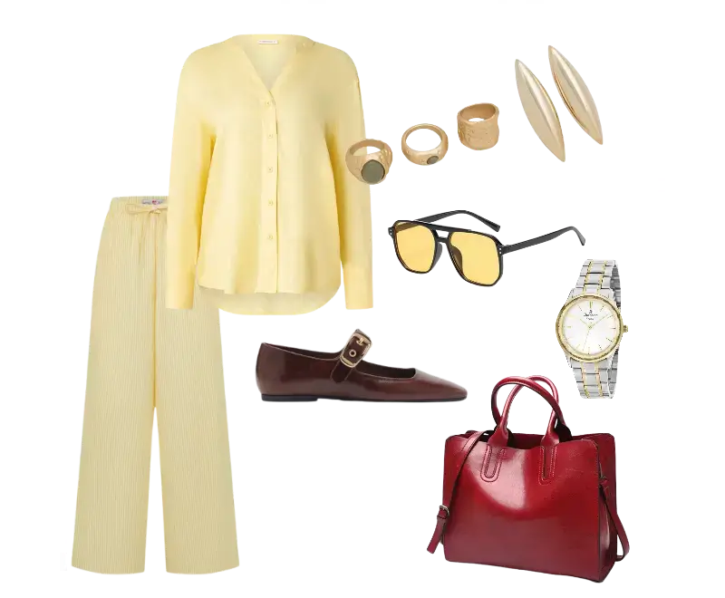 camisa amarela de linho, calça listrada leve, sapatos Mary Jane marrom de couro, anéis dourados, brincos dourados, relógio prateado, bolsa tote vermelha de couro