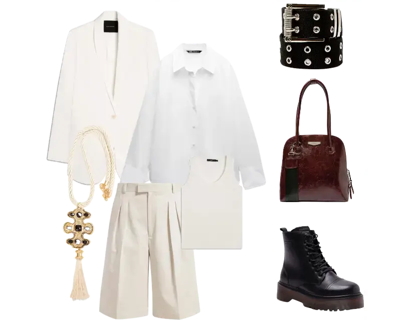 blazer off-white, camisa de algodão branca, regata básica off-white, shorts de alfaiataria bege, coturnos de couro pretos, cinto preto com detalhes metálicos, colar de corda com gravura dourada, bolsa estruturada de couro marrom