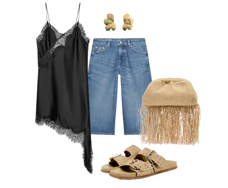 vestido slip de cetim preto com renda na barra, bermuda jeans azul clara de corte reto, sandálias birken de camurça bege com fivelas, chapéu de palha bege com franja, brincos dourados em formato de flor