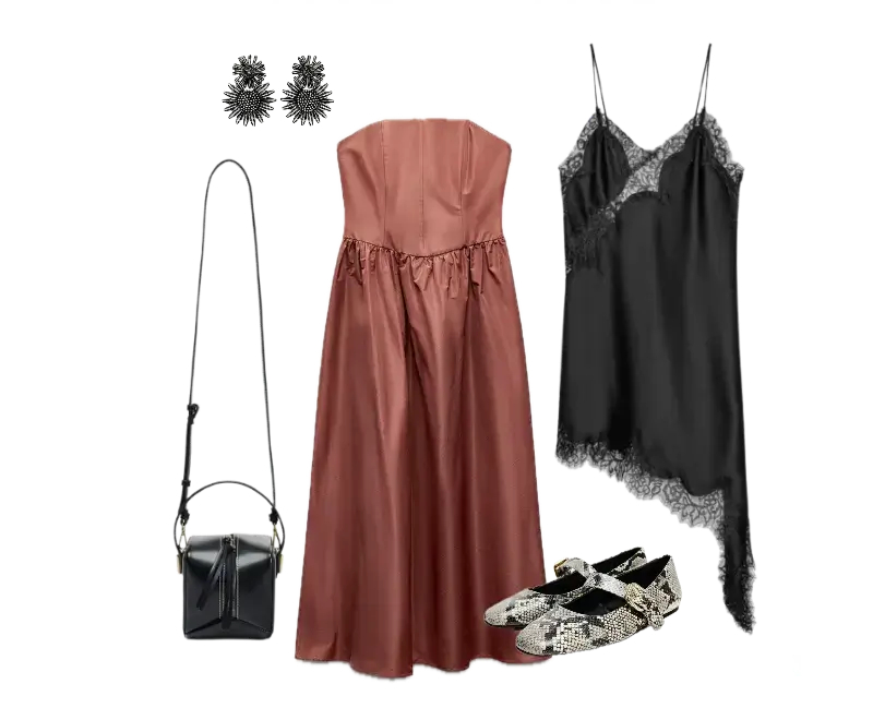 vestido longo marrom de cetim, camisola preta com renda, sapatilhas estampadas de cobra, bolsa tira-colo preta em couro, brincos prateados