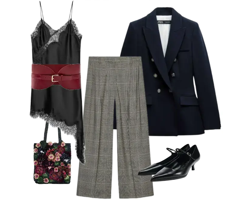 vestido slip midi preto com renda, blazer azul marinho de alfaiataria, calças de lã ampla xadrez, sapatos de couro pretos com salto baixo, cinto vermelho, bolsa com flores bordadas