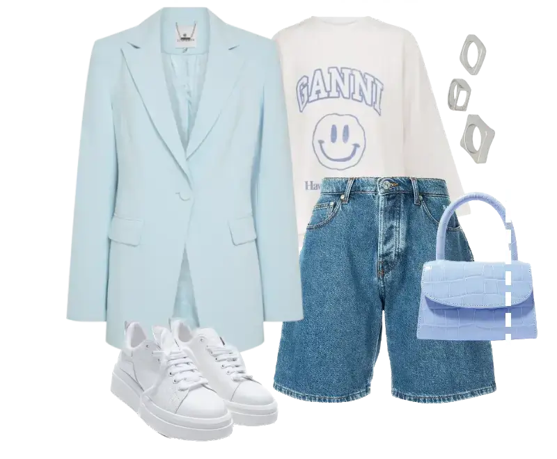 blazer azul claro, suéter branco estampado GANNI, bermuda jeans lavagem média, tênis branco, mini bolsa couro texturizado azul pastel, brincos geométricos prateados