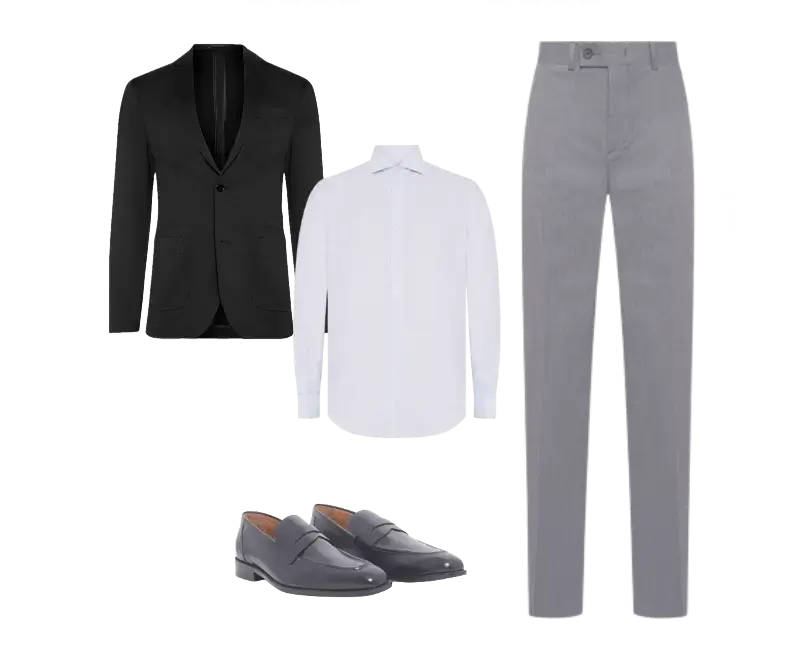blazer preto, camisa branca em algodão, calça social cinza, mocassins pretos em couro