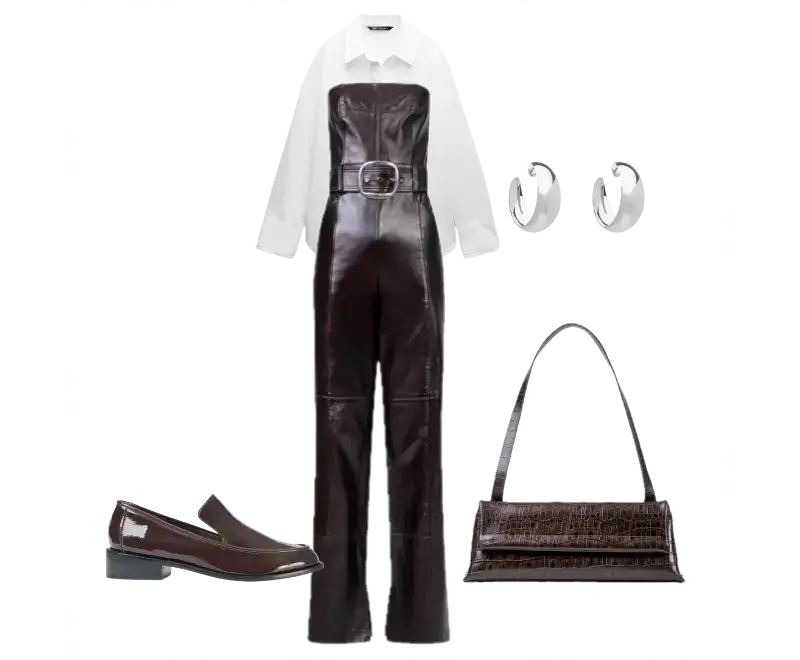 macacão em couro marrom escuro com cinto ajustável, camisa branca com colarinho clássico, sapatos de couro envernizado marrom, bolsa em couro texturizado marrom, brincos de argola prateados