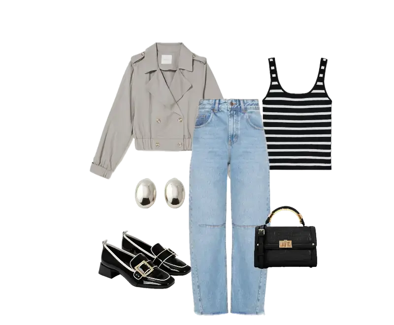 cropped listrado preto e branco em algodão, trench coat cropped cinza em tecido leve, calça jeans de corte reto lavagem azul clara, mocassins pretos envernizados com fivela, mini bolsa estruturada preta em couro