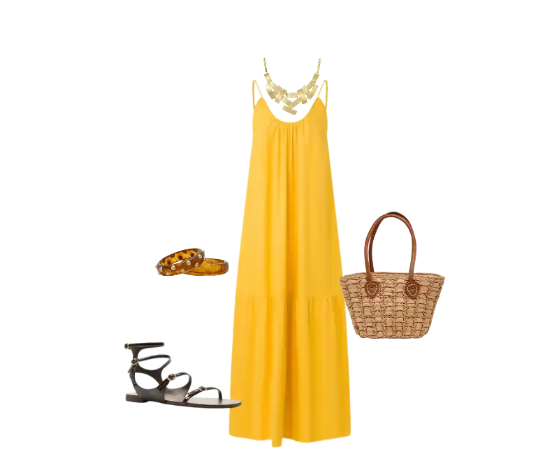 vestido amarelo maxi de alças finas, sandálias rasteiras pretas, colar tons neutros, bolsa de palha estruturada, braceletes tom âmbar