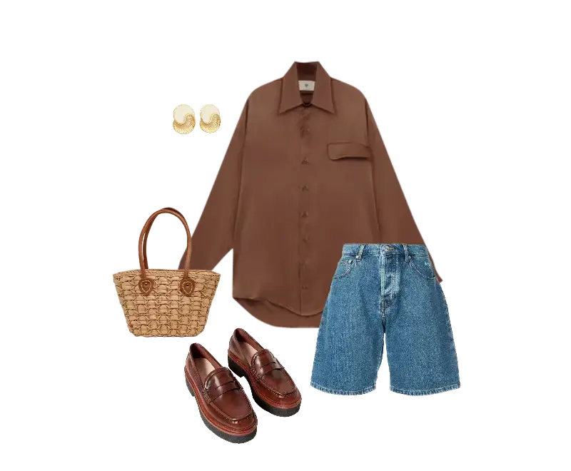 camisa oversized marrom, short jeans azul, mocassins de couro marrom, bolsa de palha estruturada, brincos dourados