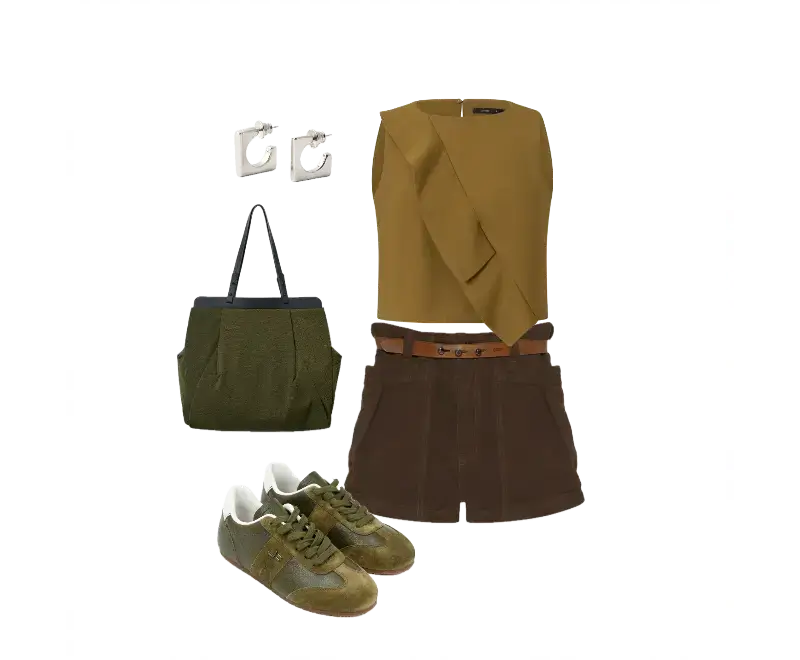 top cropped verde-oliva, short alfaiataria marrom escuro, cinto de couro caramelo, tênis esportivos verdes e marrons, bolsa tote verde musgo, brincos geométricos brancos