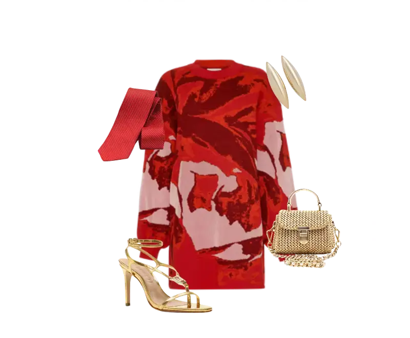 vestido oversized vermelho e rosa, sandálias douradas com tiras, bolsa estruturada de palha dourada, cinto vermelho, brincos geométricos dourados