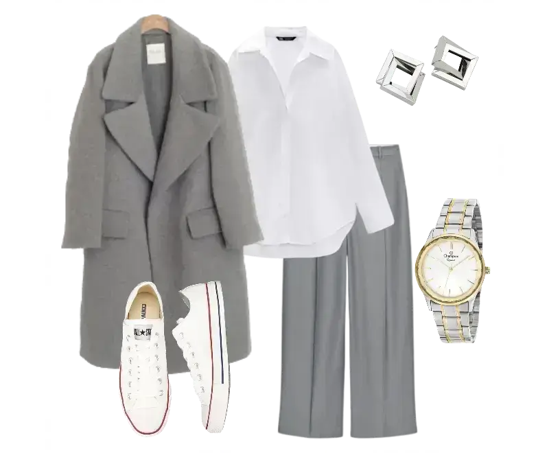 camisa social branca de algodão, casaco cinza em lã, calças de alfaiataria cinza, tênis brancos clássicos, relógio de pulso em aço inoxidável dourado, brincos geométricos prateados