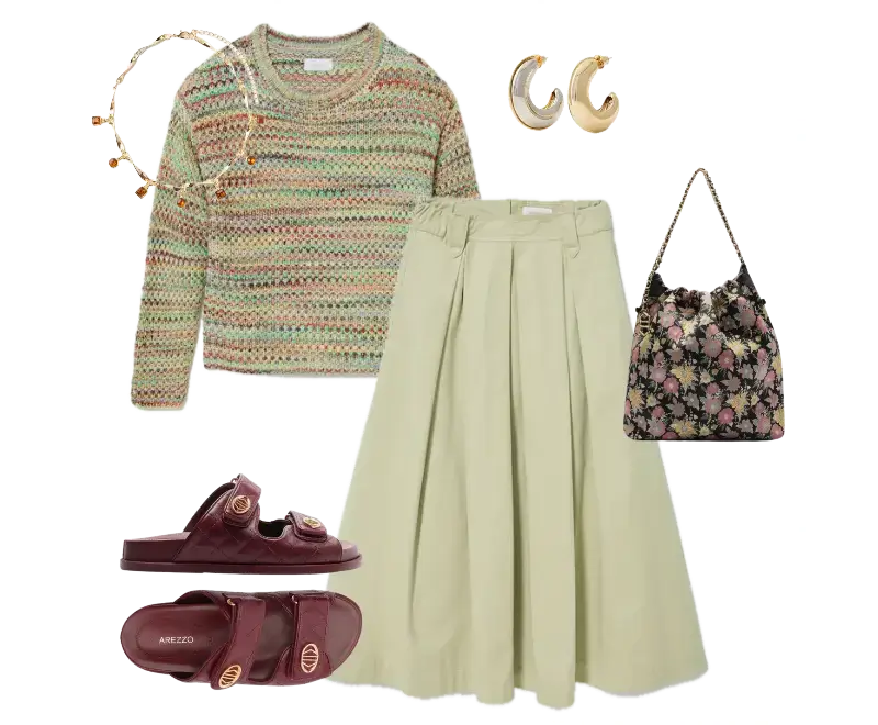 Suéter de tricô multicolorido, saia midi bege plissada, sandálias slides em couro vinho Arezzo, brinco dourado de argola, colar delicado, bolsa de ombro estampada floral vintage