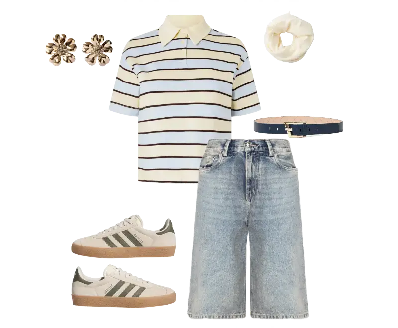 camisa polo listrada marinho, branco e bege, bermuda jeans de lavagem clara, tênis bege com detalhes em verde militar, cinto azul marinho, scrunchie bege, brincos florais