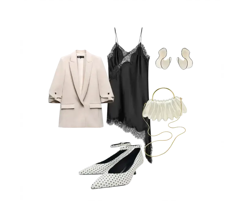 Blazer bege oversized, vestido slip dress preto com renda, scarpins brancos com bolinhas pretas, bolsa clutch franzida de couro branco, brincos minimalistas