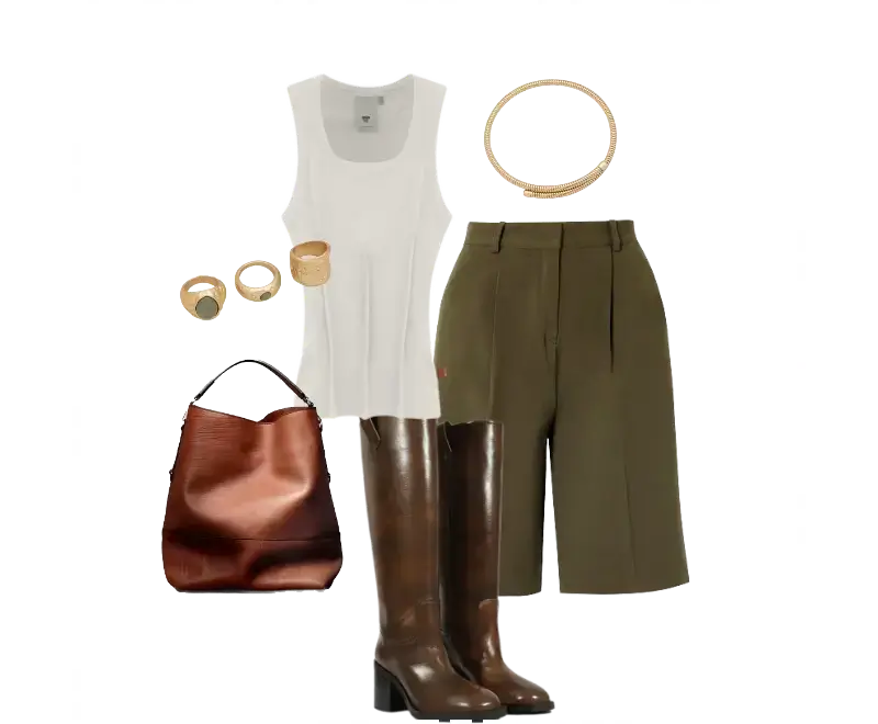 regata branca de algodão, bermuda de alfaiataria verde oliva, bota cano alto em couro marrom escuro, braceletes dourados, colar minimalista, bolsa oversized em couro marrom