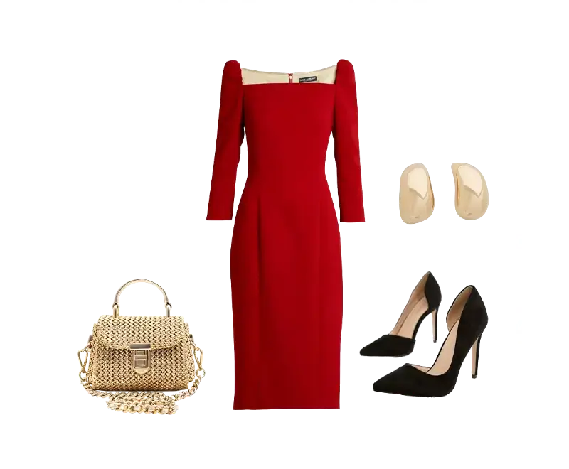 Vestido midi vermelho, Scarpin preto camurça, Brincos dourados minimalistas, Bolsa estruturada de palha dourada com alça de corrente