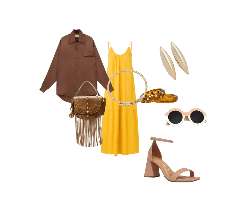 vestido amarelo de alças finas, camisa oversized marrom, sandálias de salto bloco nude, bolsa de franjas em couro marrom, bracelete prateado, brincos dourados, óculos de sol redondos