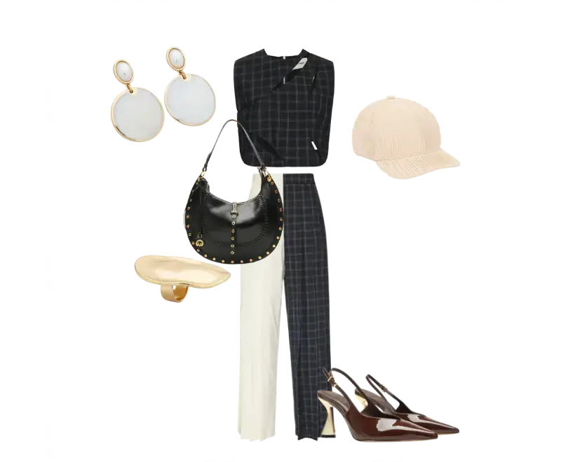 top preto com estampa xadrez azul, calça de alfaiataria cru, sapatos slingback verniz marrom, bolsa preta de couro com tachas, brincos redondos brancos com moldura dourada, boné de veludo cotelê creme