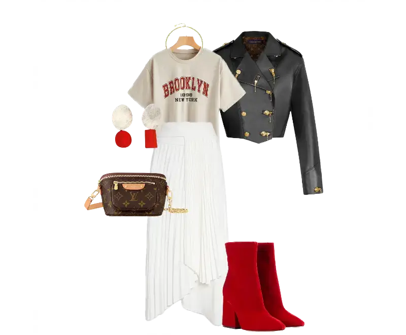 camiseta cropped bege com estampa vintage Brooklyn, jaqueta preta de couro sintético com botões dourados, saia midi plissada branca, botas vermelhas de veludo, minibolsa de ombro com monograma discreto, brincos com pompons vermelho e branco