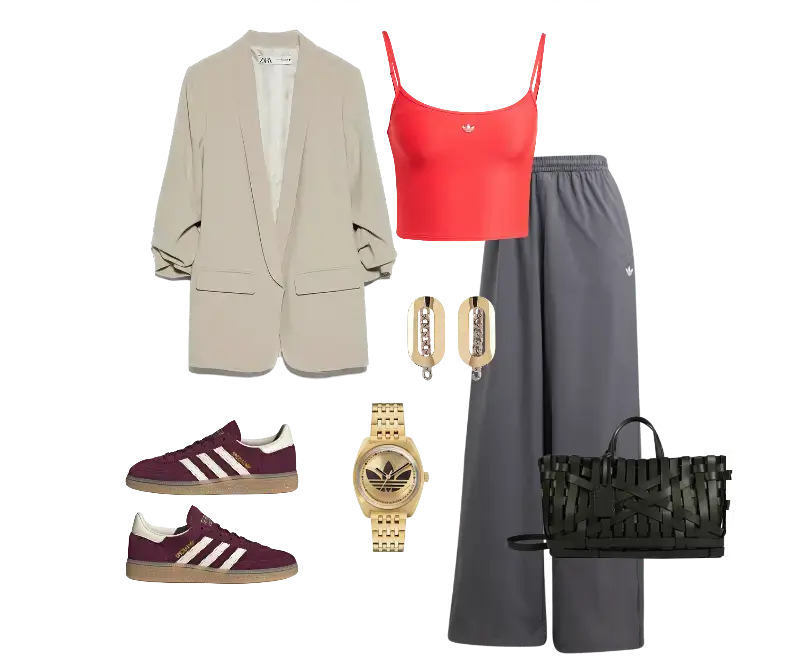 top cropped vermelho Adidas, blazer bege Zara, calça larga cinza-clara Adidas, tênis vinho Adidas, bolsa trançada preta, relógio dourado, brincos geométricos