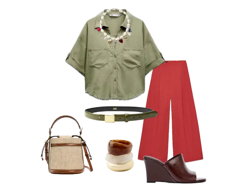 camisa oversize verde oliva, calça pantalona vermelha, sandália wedge em couro marrom escuro, cinto verde oliva com fivela dourada, bolsa estruturada em palha com acabamentos em couro, colar de contas coloridas, conjunto de pulseiras de resina