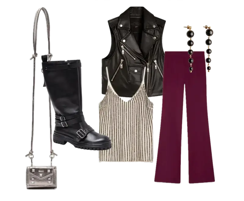 jaqueta de couro preta estilo biker, blusa de alças finas listrada preto e branco, calças flare vinho, botas de cano alto em couro preto, bolsa prata com alça de corda, brincos com pedrarias douradas e pretas