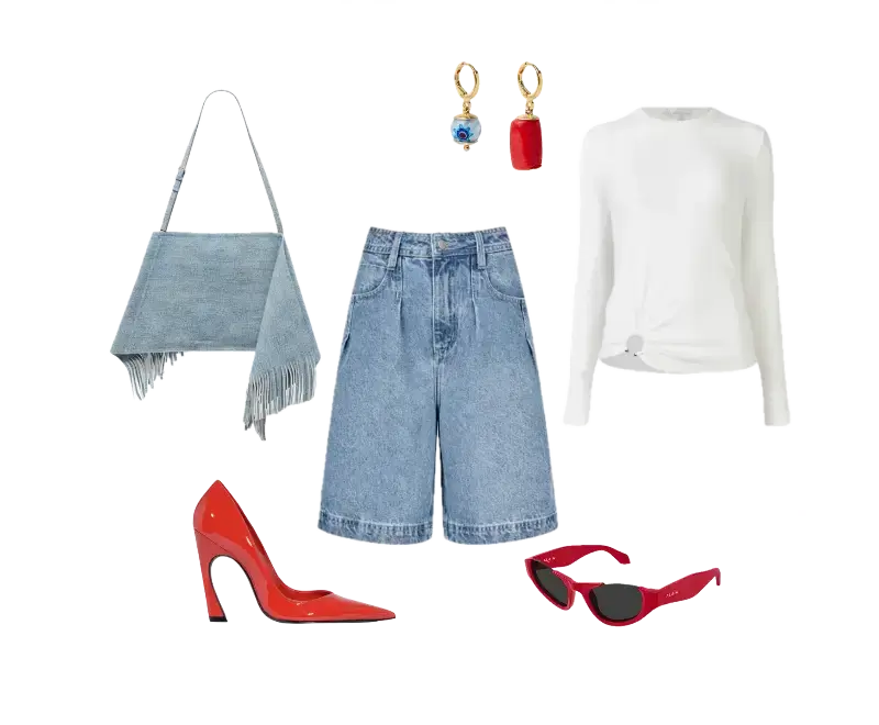 camiseta branca de manga longa, bermudão jeans de corte amplo, sapatos de salto alto vermelhos em verniz, bolsa estruturada com franjas, óculos de sol vermelhos, brincos assimétricos dourados com detalhes coloridos