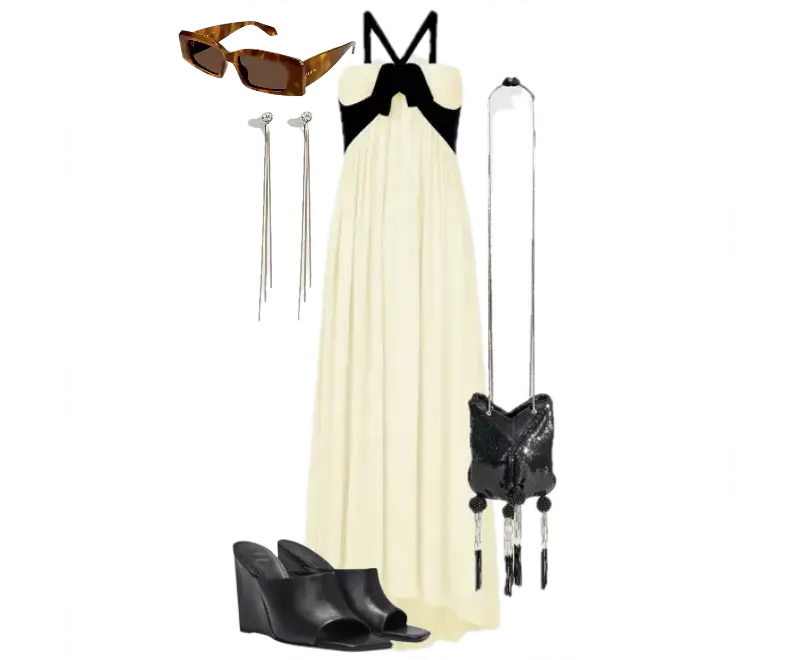 Vestido longo marfim com detalhes pretos, Mules wedge pretos, Óculos de sol com armação marrom, Brincos longos, Bolsa preta com lantejoulas