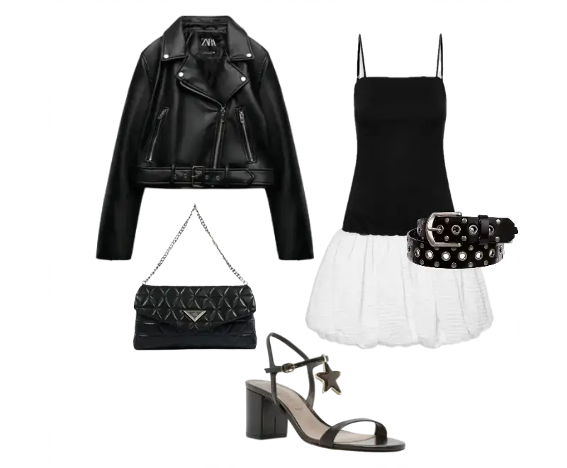 vestido preto e branco balonê, jaqueta de couro preta biker da Zara, sandálias pretas de salto bloco com aplique de estrelas metálicas, bolsa preta acolchoada com corrente dourada, cinto de couro cravejado de tachas