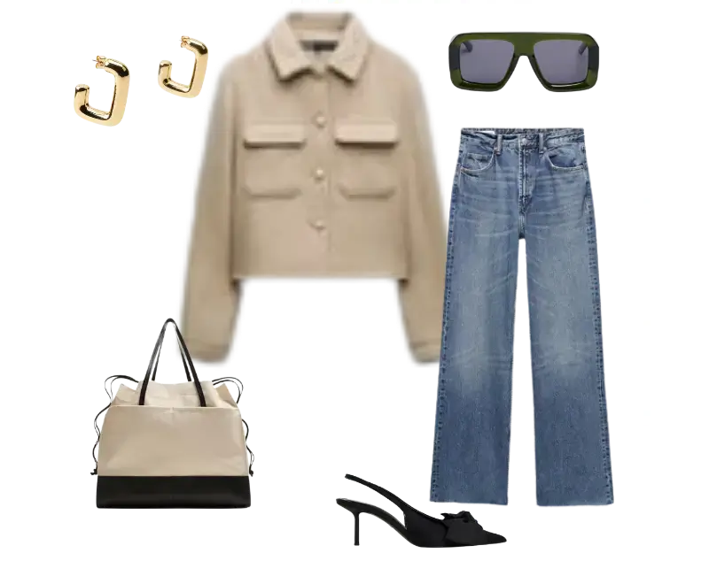 jaqueta cropped bege, jeans de lavagem clara com corte reto, sapatos de salto slingback preto, bolsa tote bicolor preta e branca, brincos dourados, óculos de sol retangulares