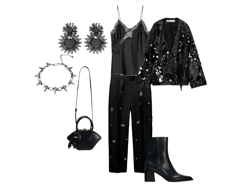 Casaco preto de lantejoulas, Macacão preto de cetim com renda, Calças retas com aplicações brilhantes, Botas de couro preto de salto médio, Mini bolsa preta estruturada, Brincos florais prateados, Colar moderno prateado